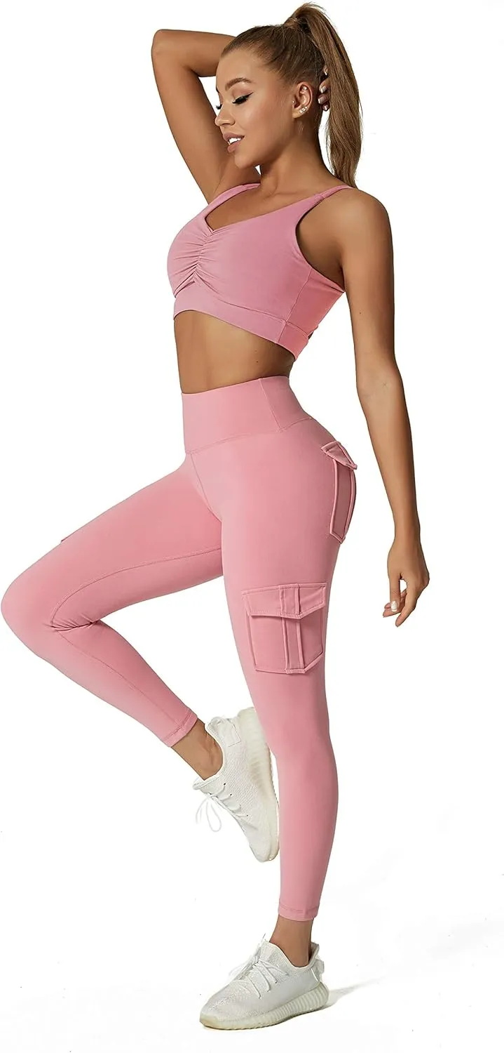 JEGGE High Waist Yoga Leggings with 4 Pockets,Tummy Control Workout Running 4 Way Stretch Cargo Pocket Leggings