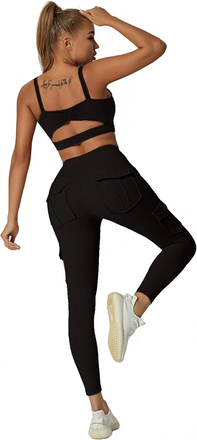 JEGGE High Waist Yoga Leggings with 4 Pockets,Tummy Control Workout Running 4 Way Stretch Cargo Pocket Leggings