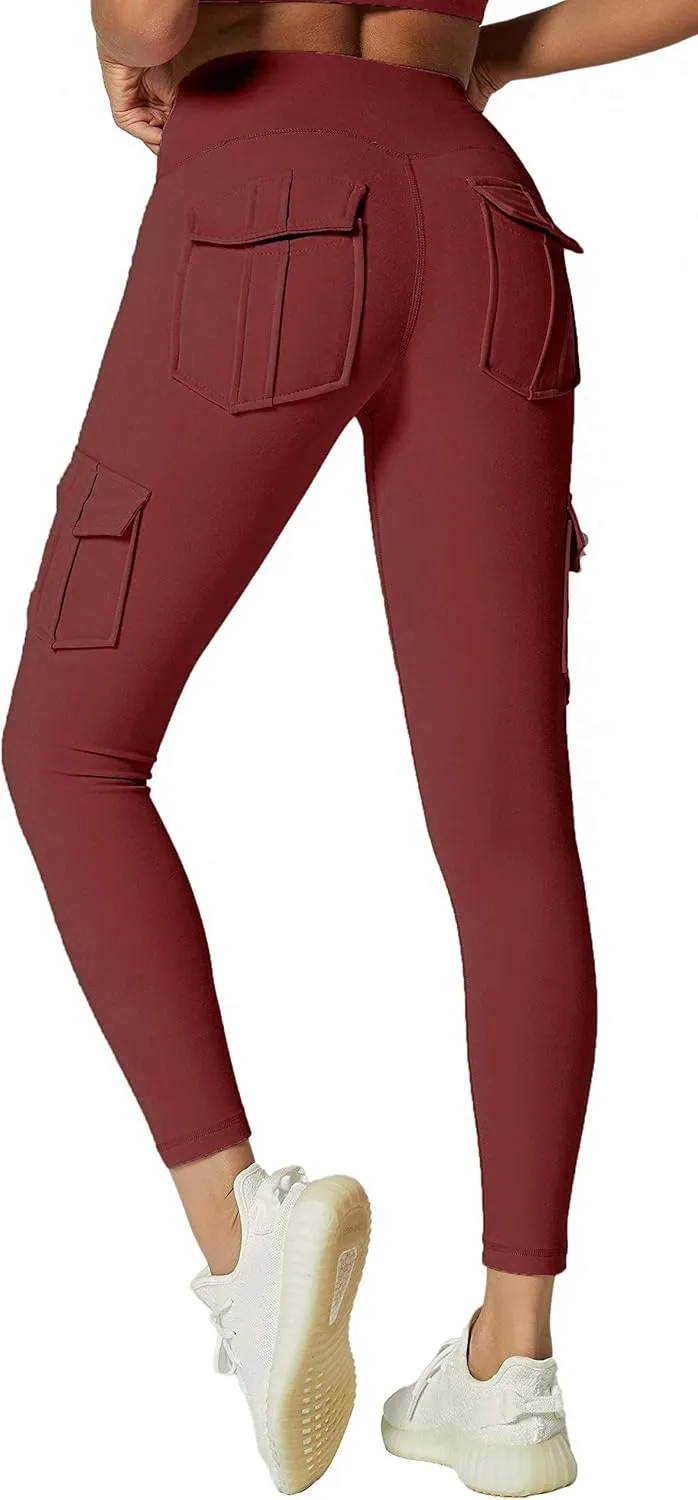 JEGGE High Waist Yoga Leggings with 4 Pockets,Tummy Control Workout Running 4 Way Stretch Cargo Pocket Leggings