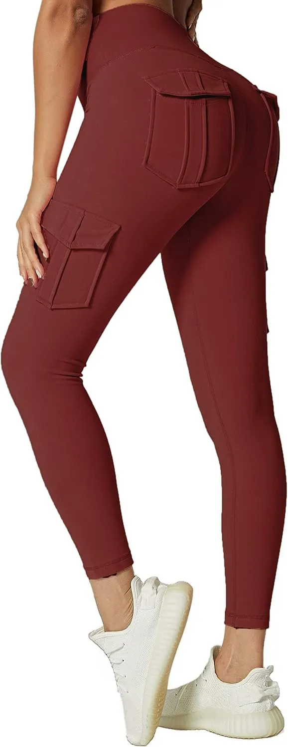 JEGGE High Waist Yoga Leggings with 4 Pockets,Tummy Control Workout Running 4 Way Stretch Cargo Pocket Leggings
