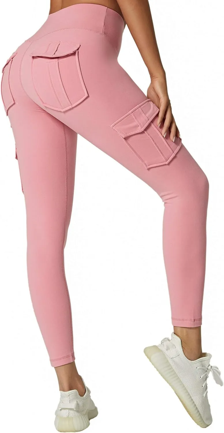 JEGGE High Waist Yoga Leggings with 4 Pockets,Tummy Control Workout Running 4 Way Stretch Cargo Pocket Leggings
