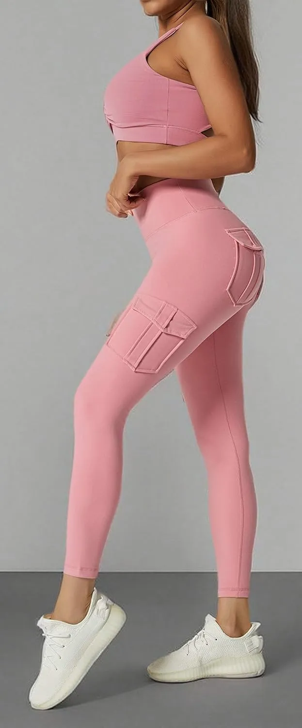 JEGGE High Waist Yoga Leggings with 4 Pockets,Tummy Control Workout Running 4 Way Stretch Cargo Pocket Leggings