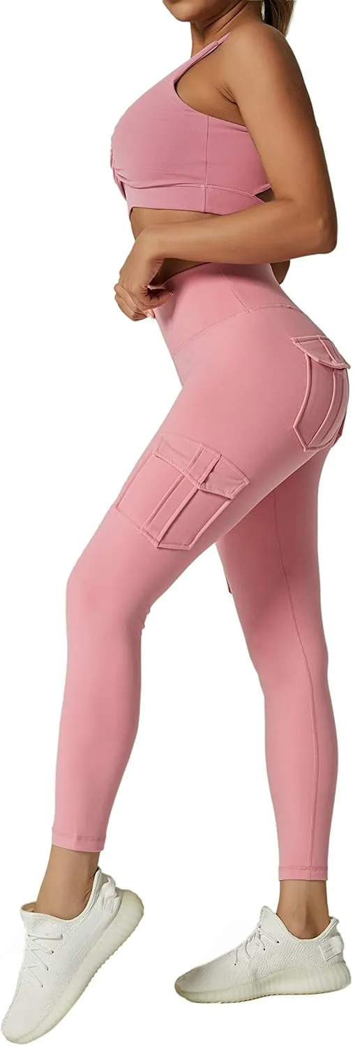 JEGGE High Waist Yoga Leggings with 4 Pockets,Tummy Control Workout Running 4 Way Stretch Cargo Pocket Leggings