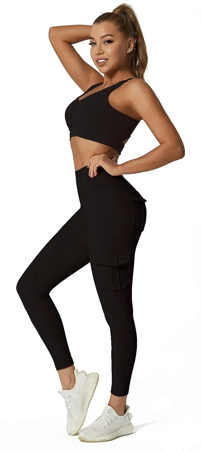 JEGGE High Waist Yoga Leggings with 4 Pockets,Tummy Control Workout Running 4 Way Stretch Cargo Pocket Leggings