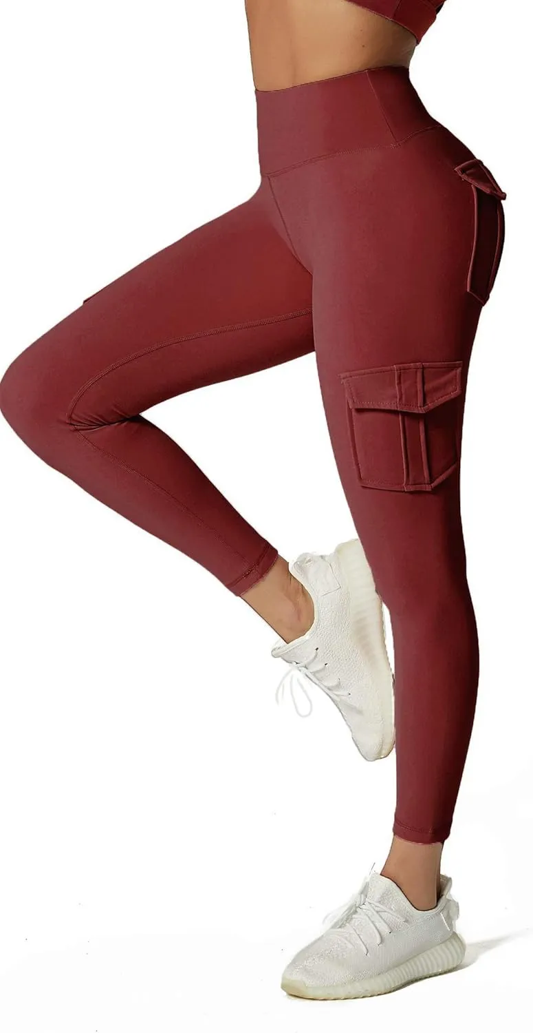 JEGGE High Waist Yoga Leggings with 4 Pockets,Tummy Control Workout Running 4 Way Stretch Cargo Pocket Leggings