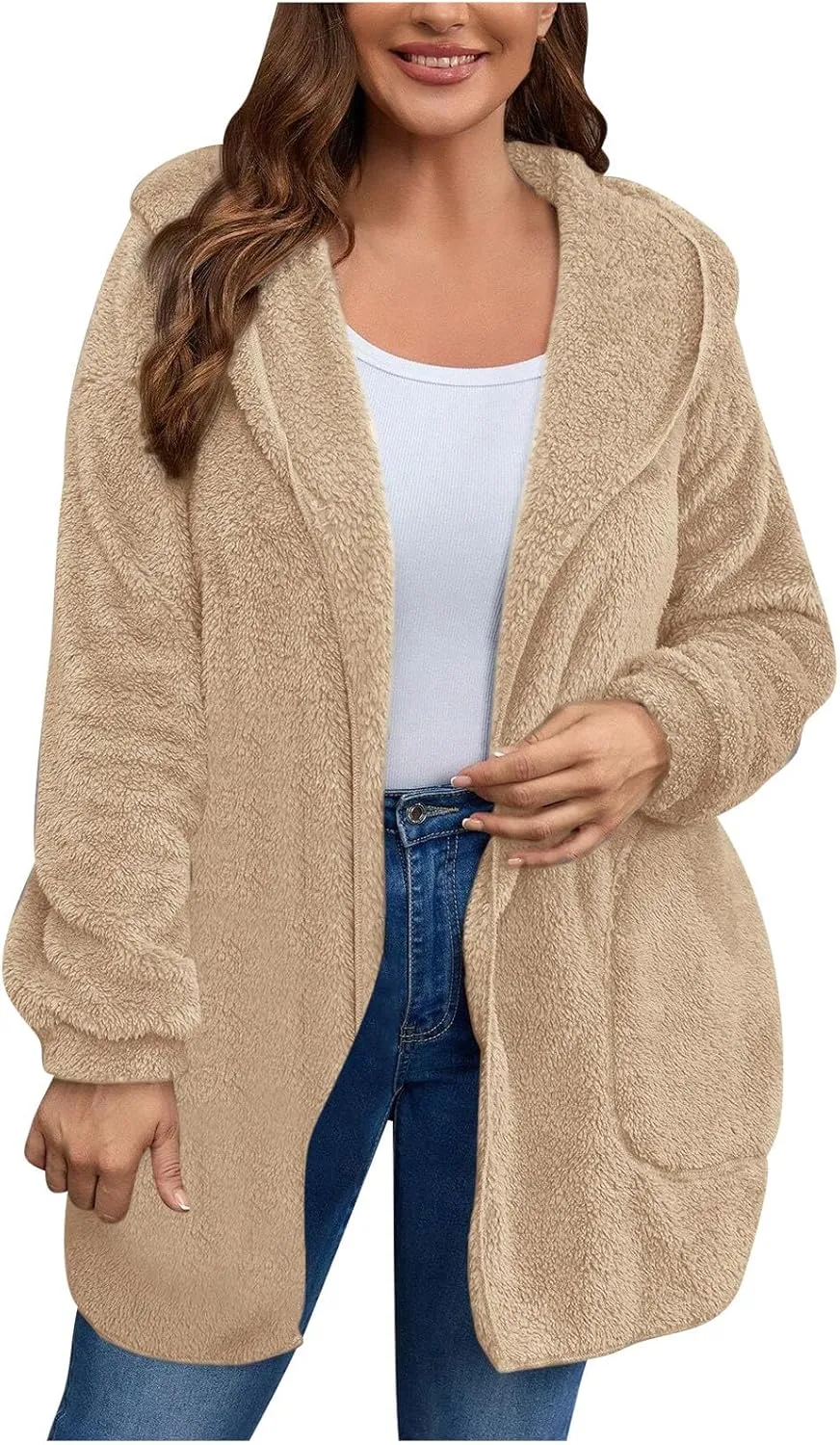 jovati Womens Winter Long Sleeve Solid Fuzzy Fleece Open Front Hooded Cardigans Jacket Coats Outerwear with Pocket 2024