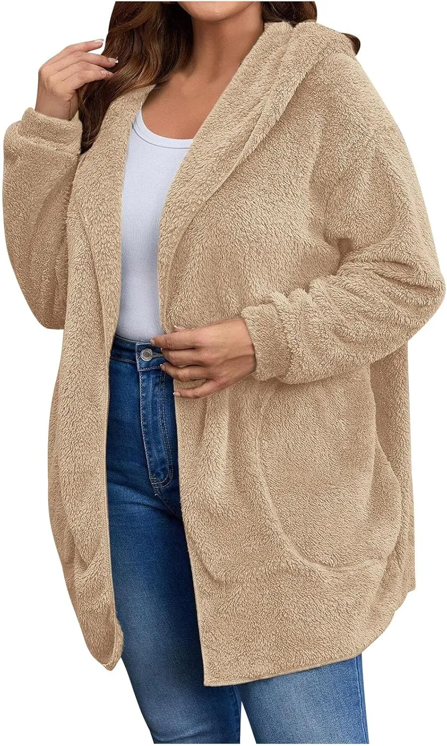 jovati Womens Winter Long Sleeve Solid Fuzzy Fleece Open Front Hooded Cardigans Jacket Coats Outerwear with Pocket 2024
