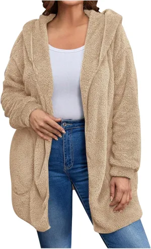 jovati Womens Winter Long Sleeve Solid Fuzzy Fleece Open Front Hooded Cardigans Jacket Coats Outerwear with Pocket 2024