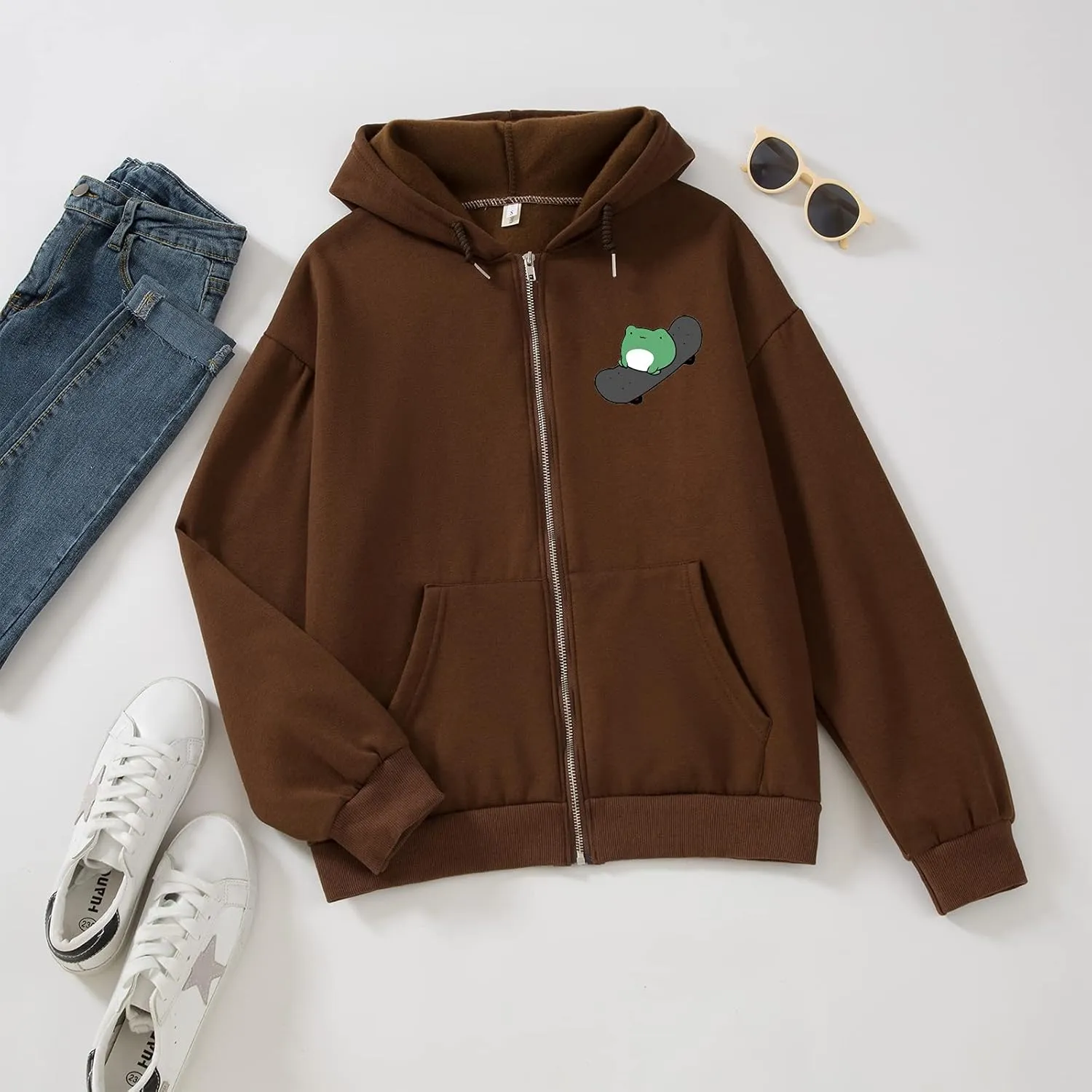 KEEVICI Women's Cute Frog Skateboarding Sweatshirt Brown Zip Up Hoodie Oversized Cotton Aesthetic Clothes Y2k Long Sleeve Top