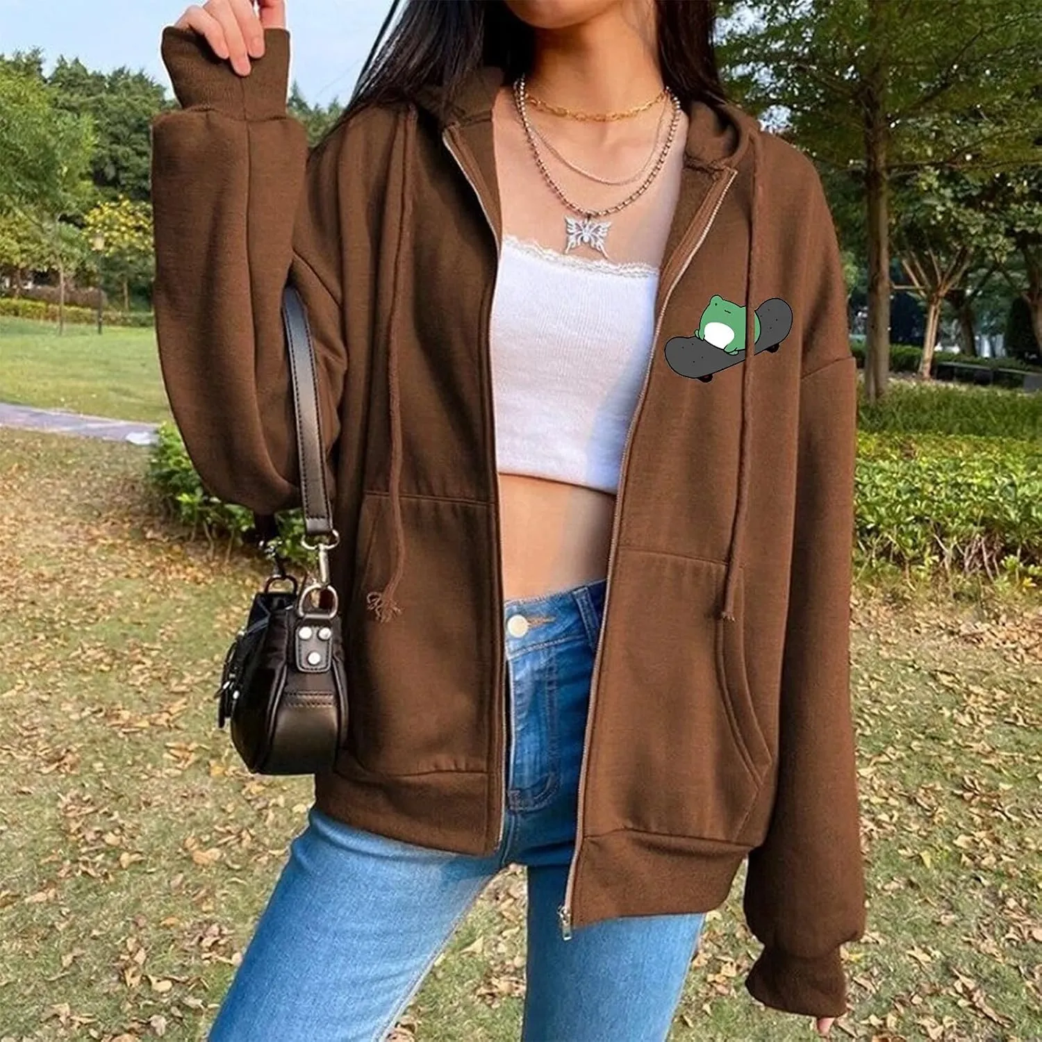 KEEVICI Women's Cute Frog Skateboarding Sweatshirt Brown Zip Up Hoodie Oversized Cotton Aesthetic Clothes Y2k Long Sleeve Top