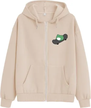 KEEVICI Women's Cute Frog Skateboarding Sweatshirt Brown Zip Up Hoodie Oversized Cotton Aesthetic Clothes Y2k Long Sleeve Top