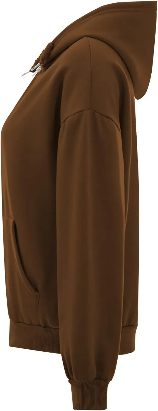KEEVICI Women's Cute Frog Skateboarding Sweatshirt Brown Zip Up Hoodie Oversized Cotton Aesthetic Clothes Y2k Long Sleeve Top