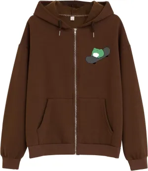 KEEVICI Women's Cute Frog Skateboarding Sweatshirt Brown Zip Up Hoodie Oversized Cotton Aesthetic Clothes Y2k Long Sleeve Top