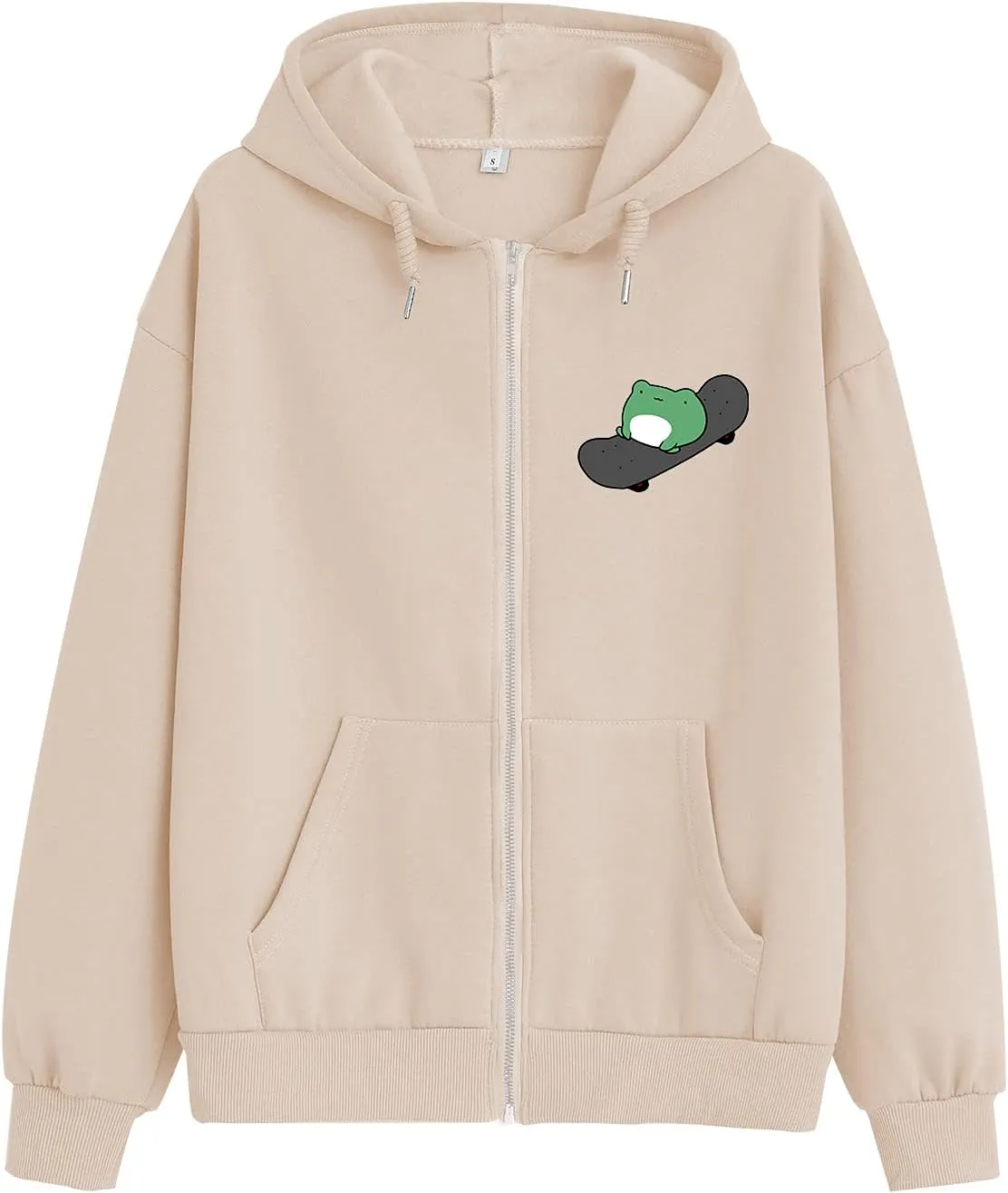 KEEVICI Women's Cute Frog Skateboarding Sweatshirt Brown Zip Up Hoodie Oversized Cotton Aesthetic Clothes Y2k Long Sleeve Top