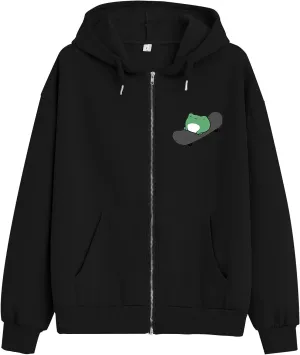 KEEVICI Women's Cute Frog Skateboarding Sweatshirt Brown Zip Up Hoodie Oversized Cotton Aesthetic Clothes Y2k Long Sleeve Top