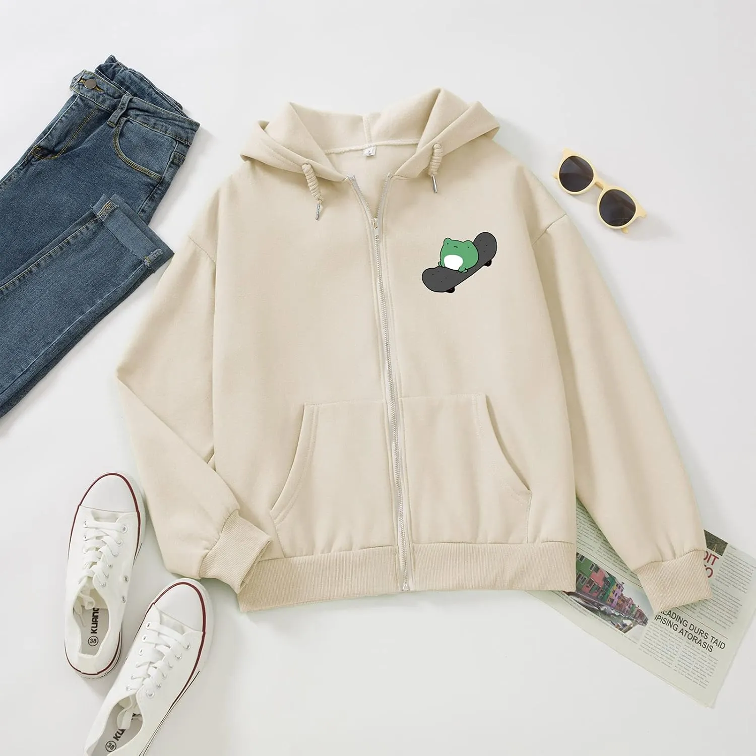 KEEVICI Women's Cute Frog Skateboarding Sweatshirt Brown Zip Up Hoodie Oversized Cotton Aesthetic Clothes Y2k Long Sleeve Top