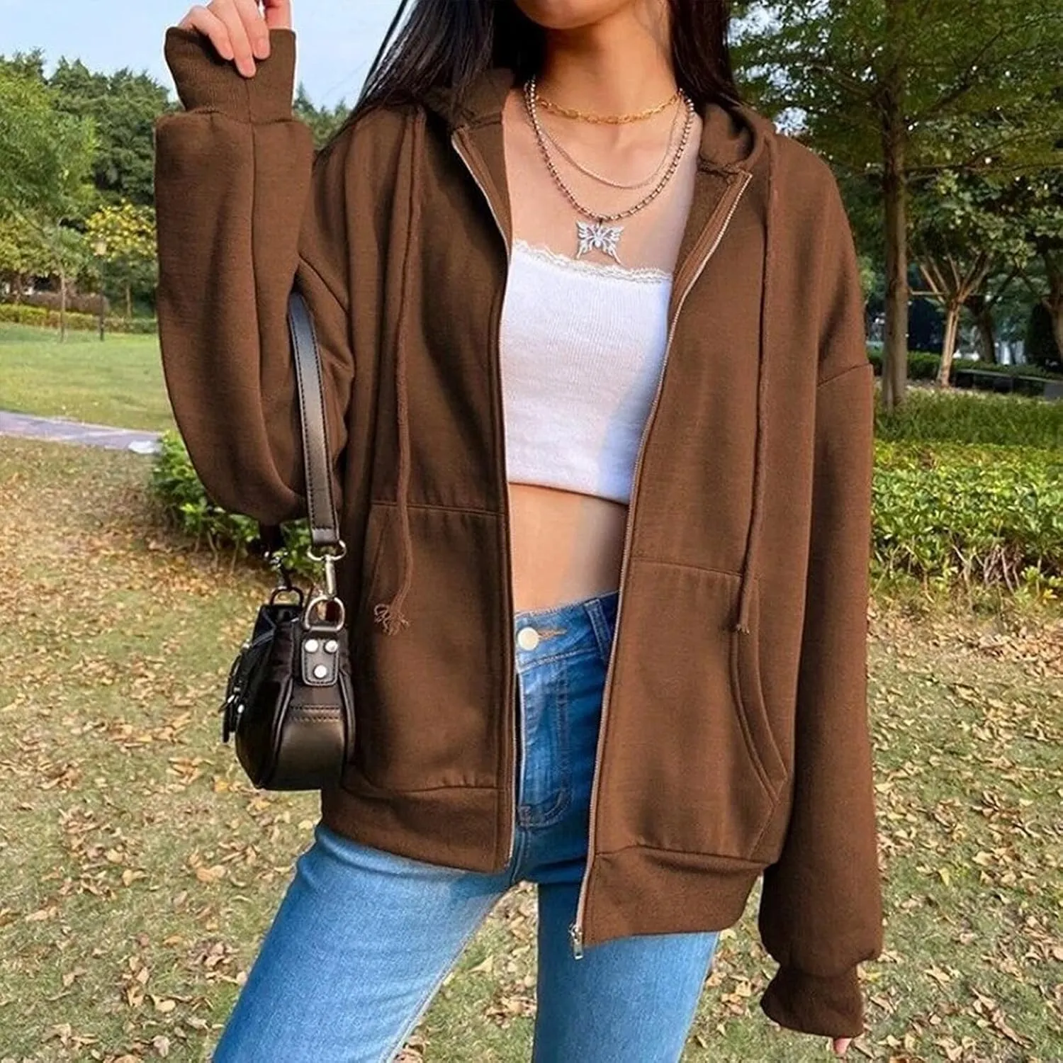 KEEVICI Women's Cute Frog Skateboarding Sweatshirt Brown Zip Up Hoodie Oversized Cotton Aesthetic Clothes Y2k Long Sleeve Top