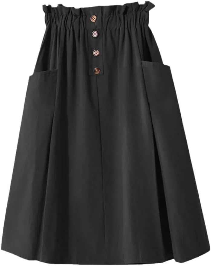 KEHAIOO Women Button Midi Skirt Spring Summer Casual Elegant High Waist Pocket Skirt Korean Washed Cotton A-Line Skirt