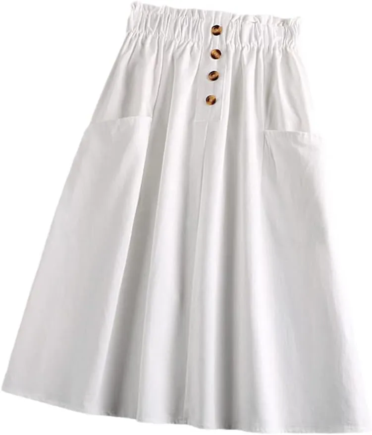 KEHAIOO Women Button Midi Skirt Spring Summer Casual Elegant High Waist Pocket Skirt Korean Washed Cotton A-Line Skirt