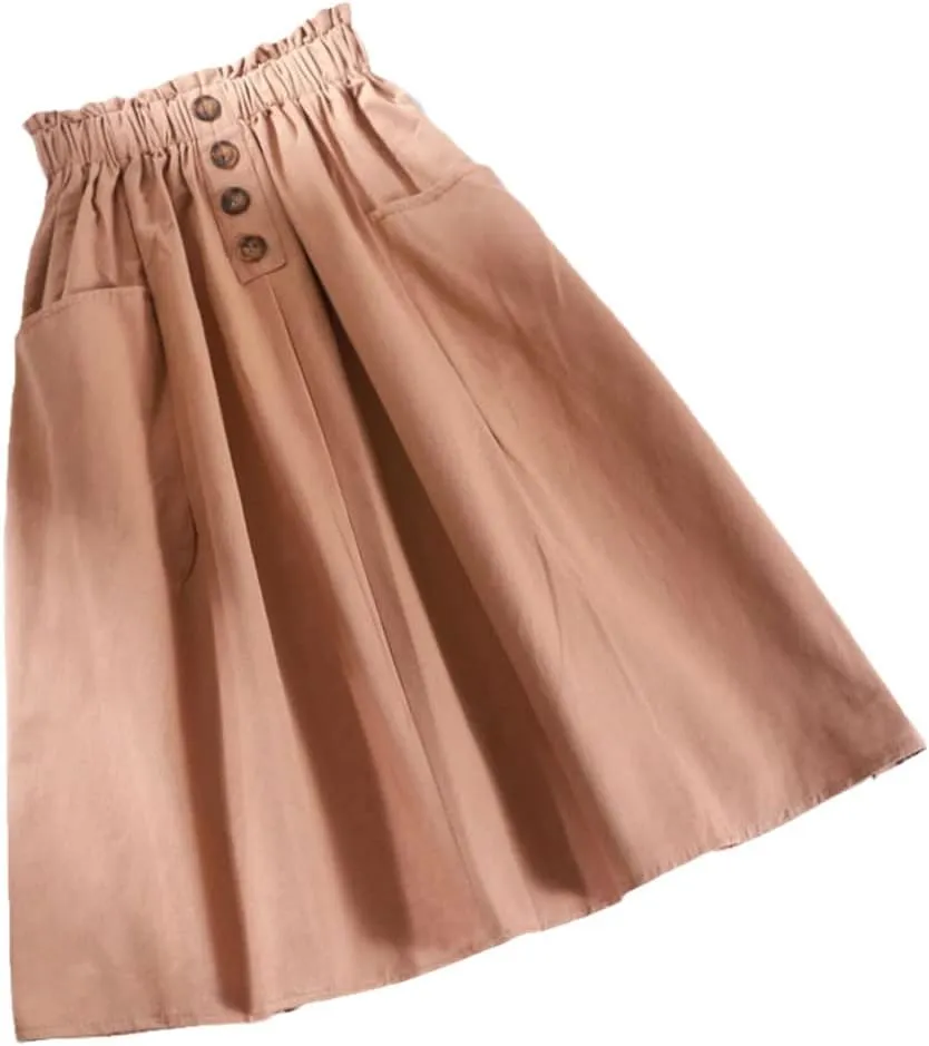 KEHAIOO Women Button Midi Skirt Spring Summer Casual Elegant High Waist Pocket Skirt Korean Washed Cotton A-Line Skirt