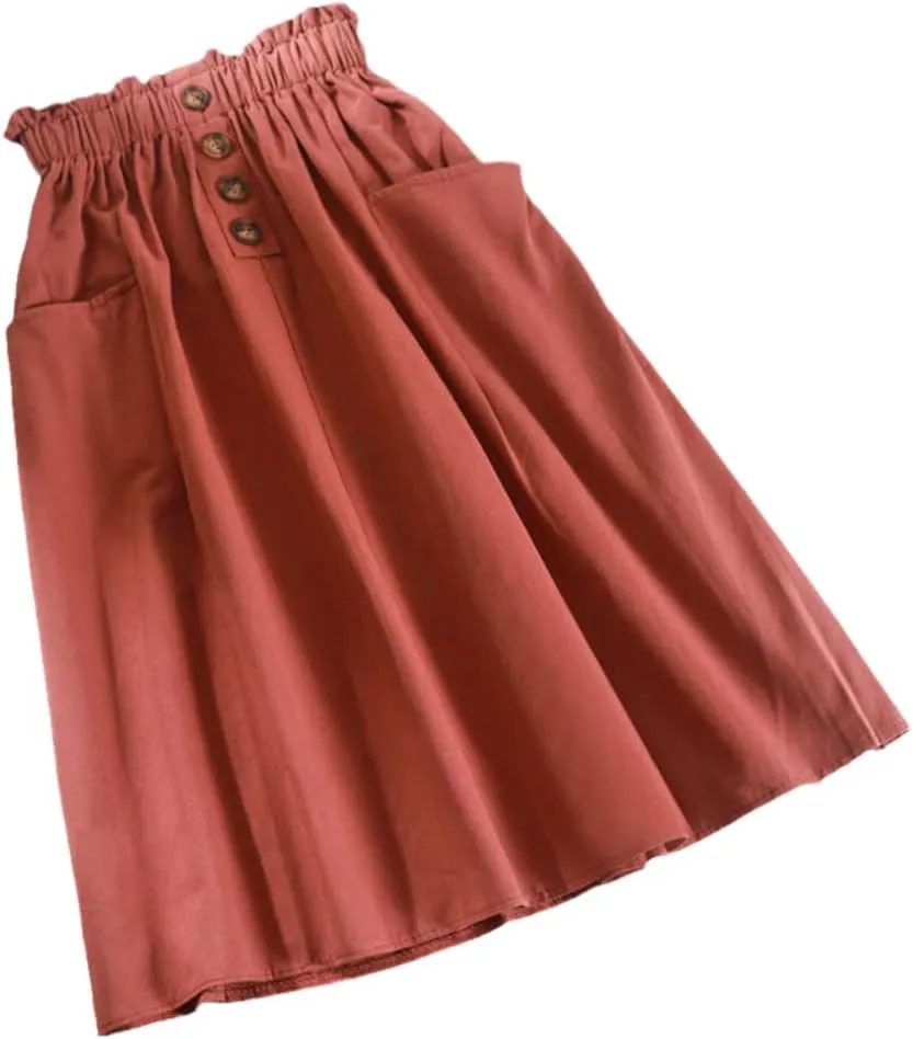 KEHAIOO Women Button Midi Skirt Spring Summer Casual Elegant High Waist Pocket Skirt Korean Washed Cotton A-Line Skirt