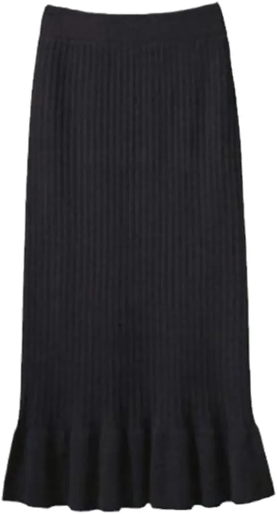 KEHAIOO Women Elastic Waist Drawstring Skirts Knitted Medium Long Skirts Spring Autumn Midi Skirt Casual Office Skirts