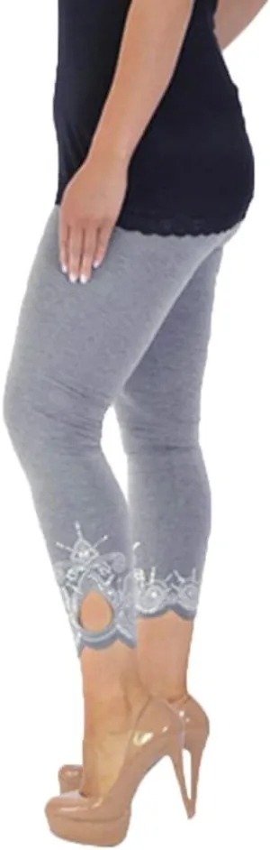 Lace Leggings for Women Plus Size High Waisted Capri Cropped Leggings Stretch Lace Trim Soft Tights Yoga Pants
