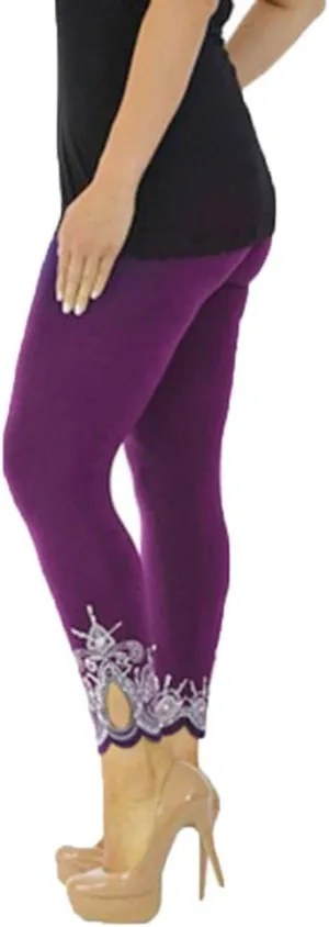 Lace Leggings for Women Plus Size High Waisted Capri Cropped Leggings Stretch Lace Trim Soft Tights Yoga Pants