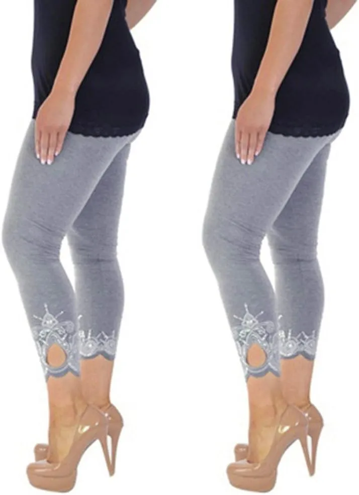 Lace Leggings for Women Plus Size High Waisted Capri Cropped Leggings Stretch Lace Trim Soft Tights Yoga Pants