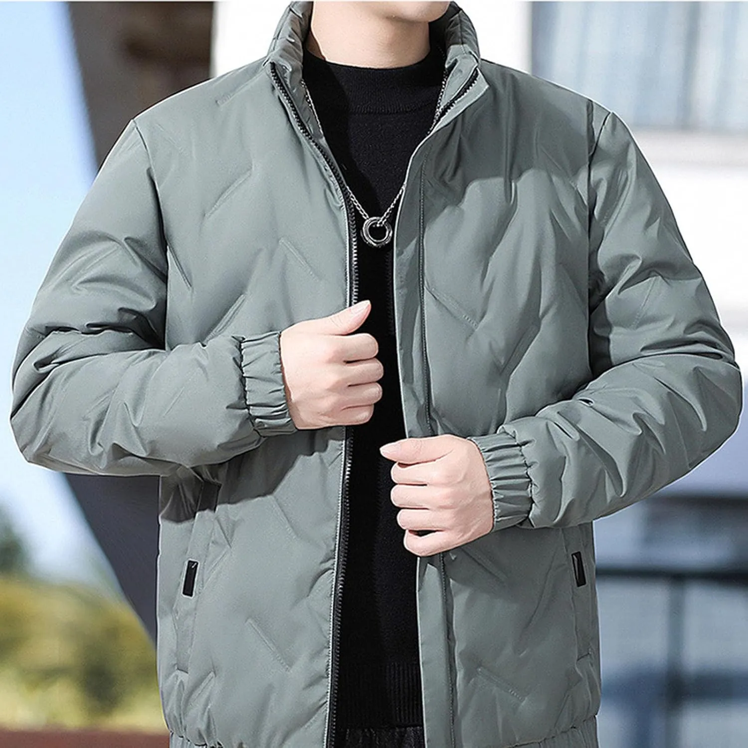 lcziwo Mens Puffer Quilted Jacket Lightweight Stand Collar Zip up Casual Padded Cotton Jacket Winter Coat Outerwear
