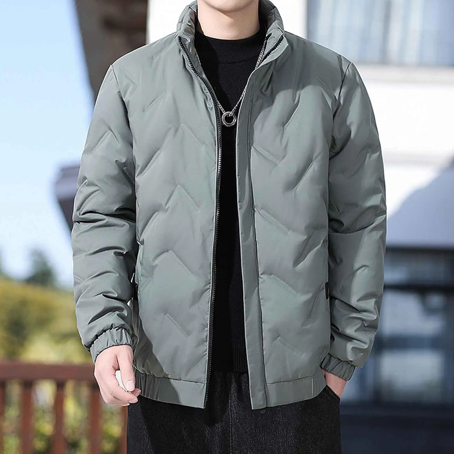 lcziwo Mens Puffer Quilted Jacket Lightweight Stand Collar Zip up Casual Padded Cotton Jacket Winter Coat Outerwear