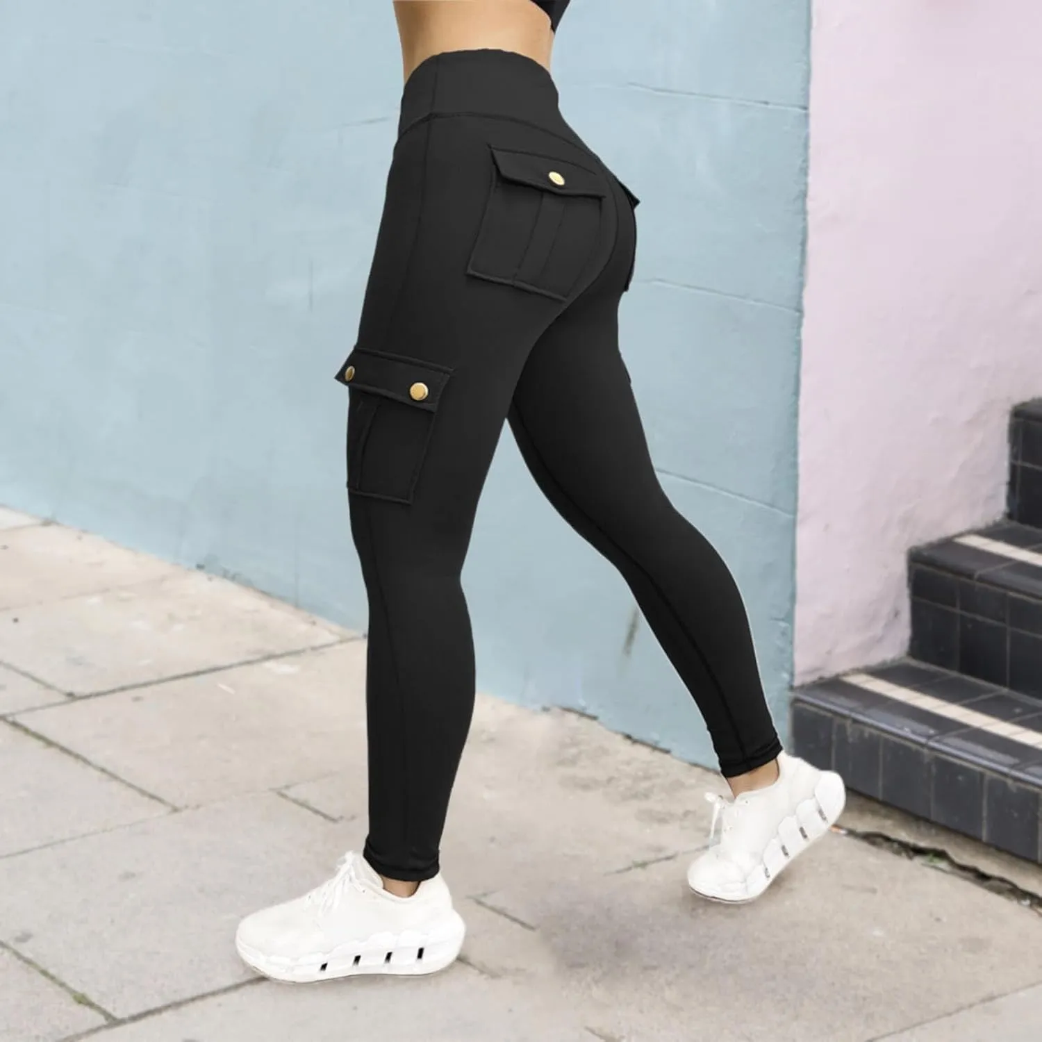 Leggings With Pockets for Women,High Waisted Cargo Pants Women,Tummy Control Butt Lifting Plus Size Workout Leggings