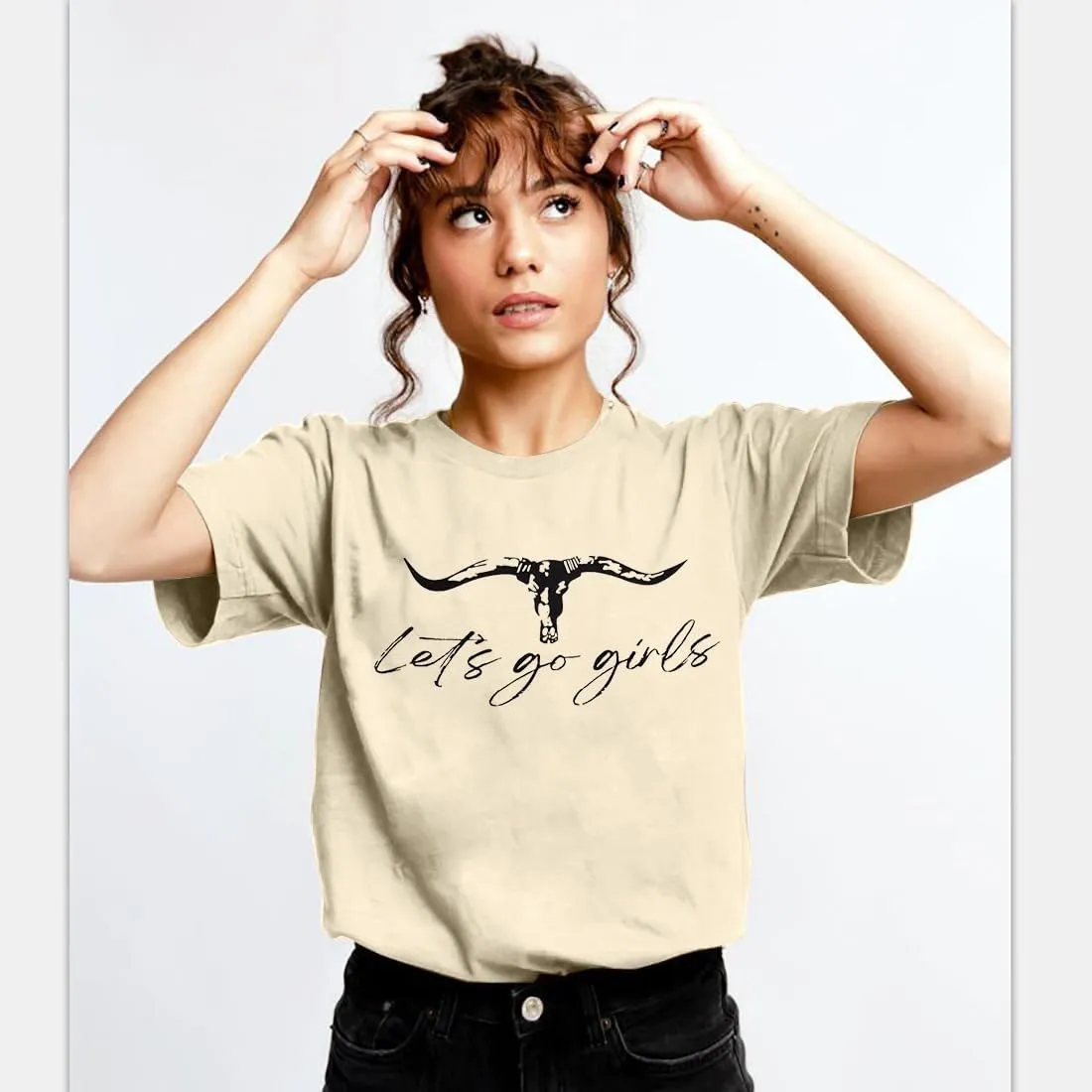 Let's Go Girl Shirt Women Western Bleached T-Shirt Retro Country Music Tee Shirt Cowgirls Shirts Short Sleeve Tops