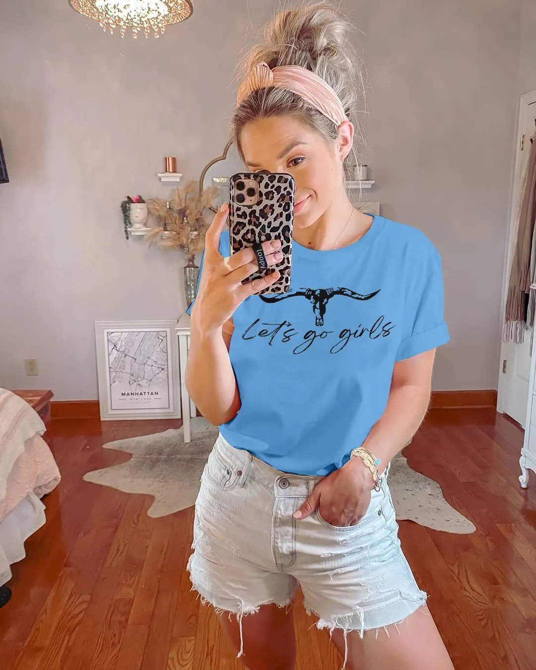 Let's Go Girl Shirt Women Western Bleached T-Shirt Retro Country Music Tee Shirt Cowgirls Shirts Short Sleeve Tops