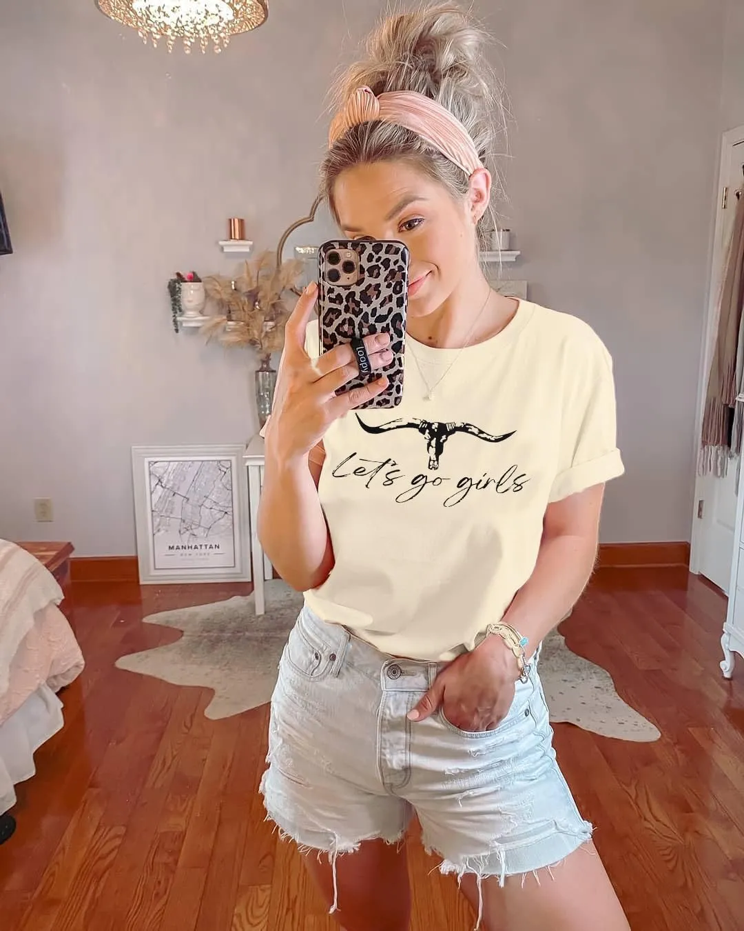 Let's Go Girl Shirt Women Western Bleached T-Shirt Retro Country Music Tee Shirt Cowgirls Shirts Short Sleeve Tops