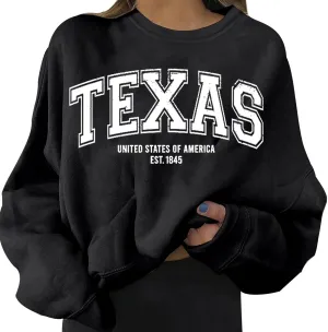 Lightweight Hoodie Women Texas Sweatshirt For Women Letter Graphic Crewneck Oversized Casual Tops Teen Athletic Long Sleeve 2024 Fall Pullover Black X-Large