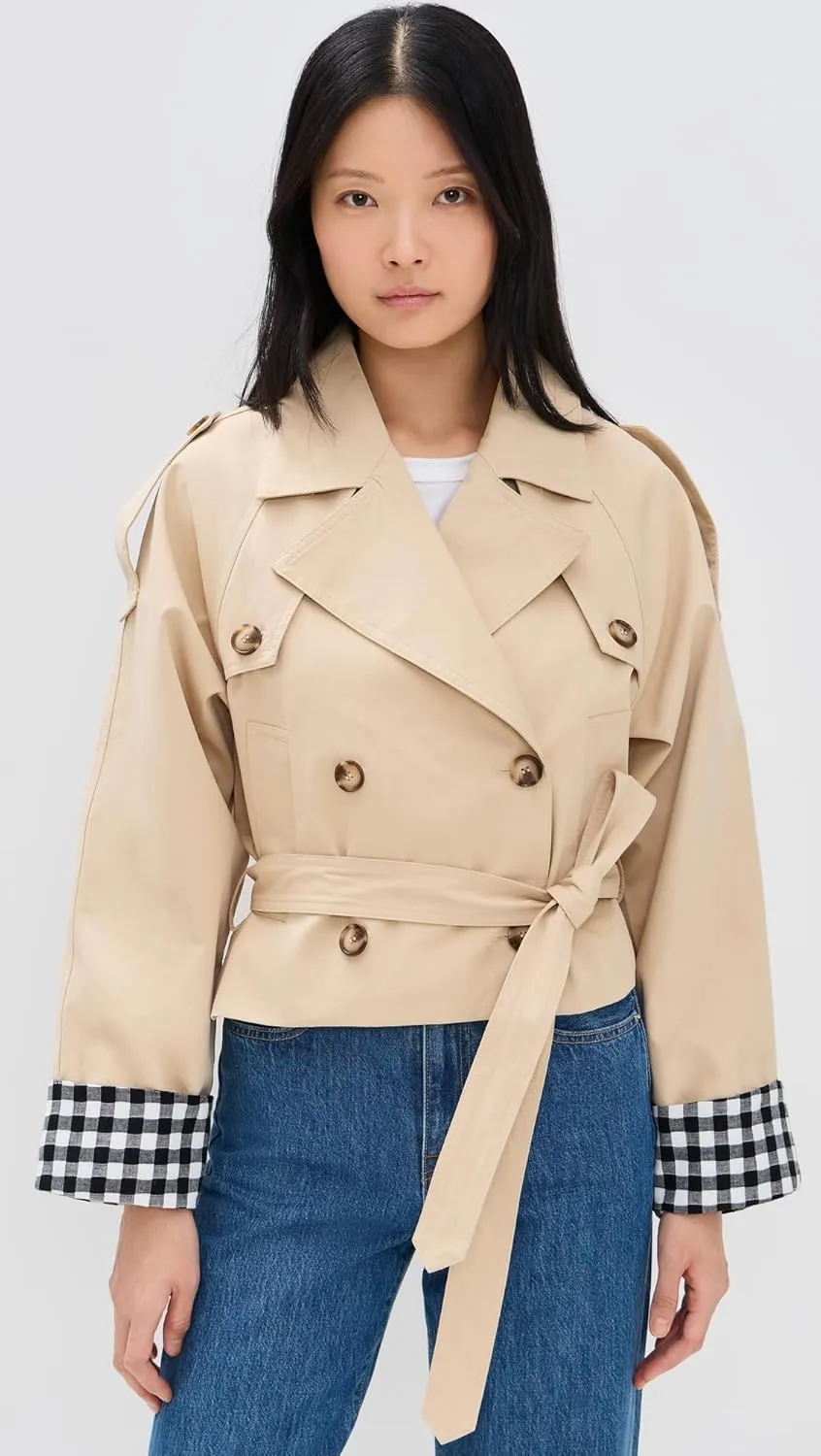 Line & Dot Women's Alba Crop Trench Jacket with Gingham Check Cuffs