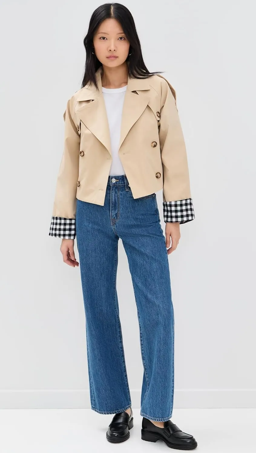 Line & Dot Women's Alba Crop Trench Jacket with Gingham Check Cuffs