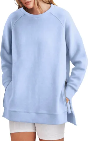 Long Sleeve Shirts for Women Oversized Sweatshirt Crewneck Tunic Pollover Shirts Side Zipper Hoodie Sweater 2024 Fall Clothes