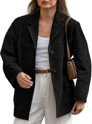 loveimgs Women Retro Brown Faux Suede Jacket Leather Blazer Coat Old Money Aesthetic Fall Jacket Bomber Y2k Oversized