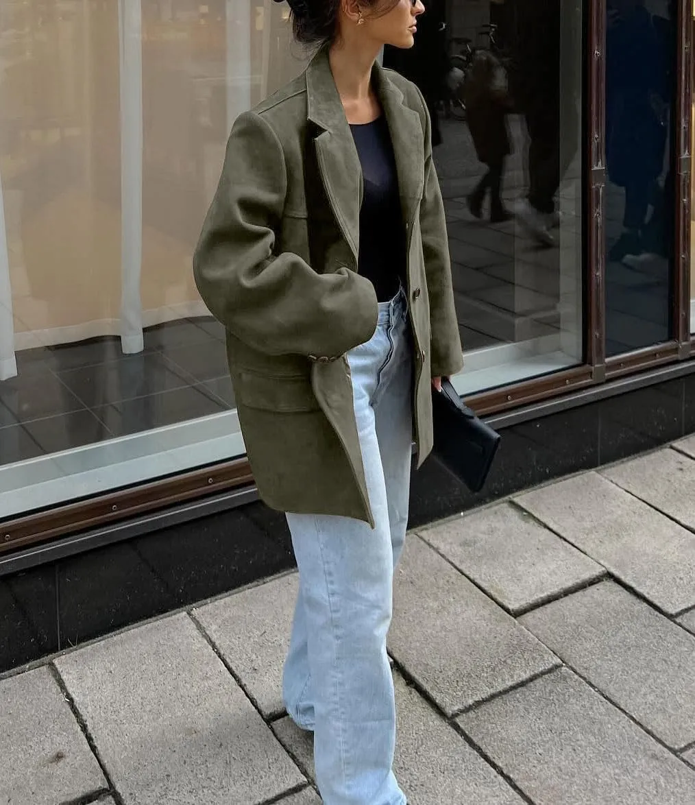 loveimgs Women Retro Brown Faux Suede Jacket Leather Blazer Coat Old Money Aesthetic Fall Jacket Bomber Y2k Oversized