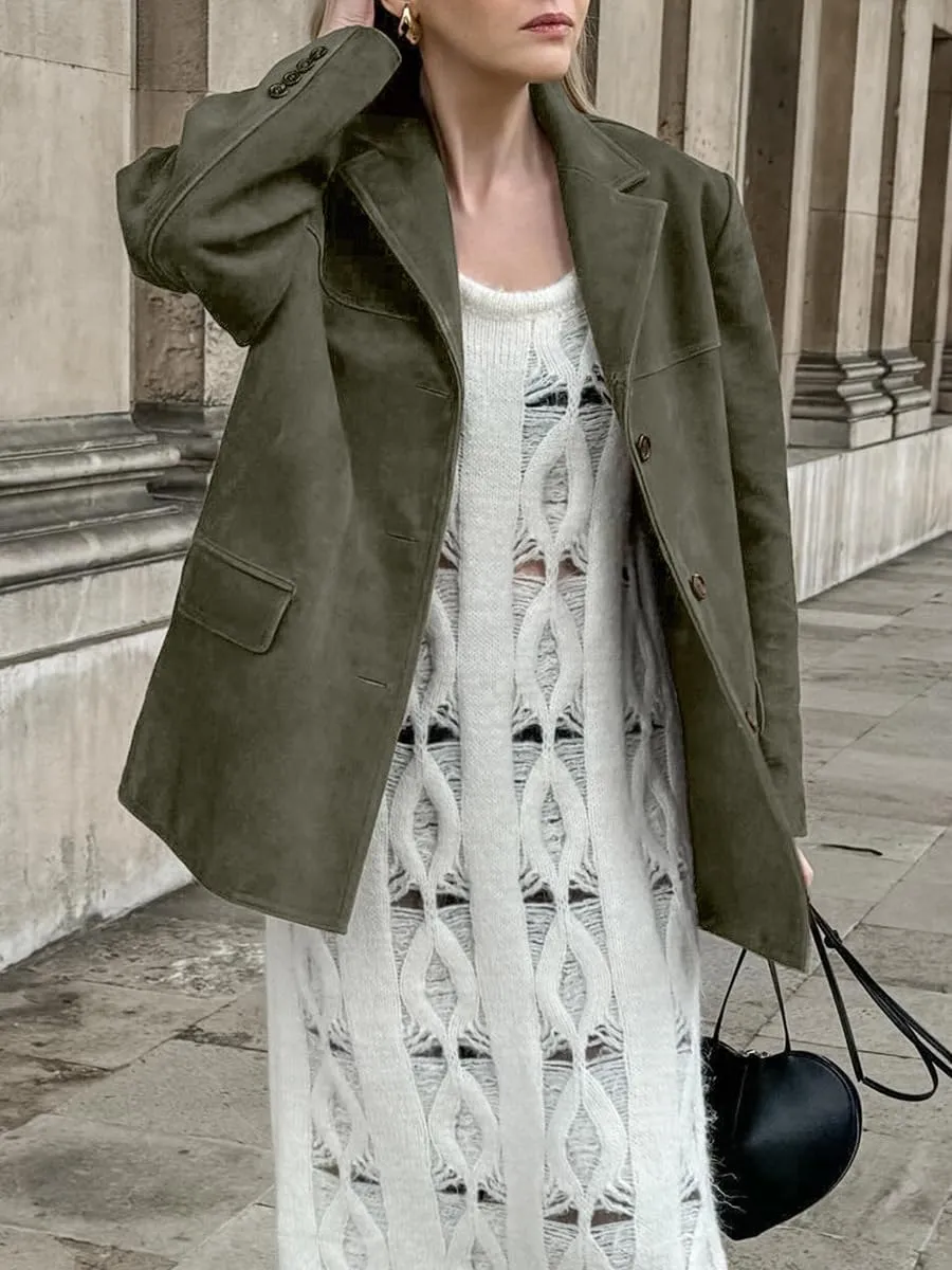 loveimgs Women Retro Brown Faux Suede Jacket Leather Blazer Coat Old Money Aesthetic Fall Jacket Bomber Y2k Oversized
