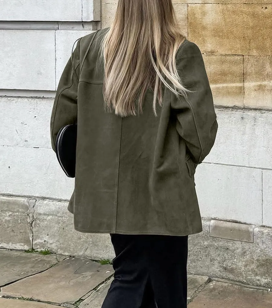 loveimgs Women Retro Brown Faux Suede Jacket Leather Blazer Coat Old Money Aesthetic Fall Jacket Bomber Y2k Oversized