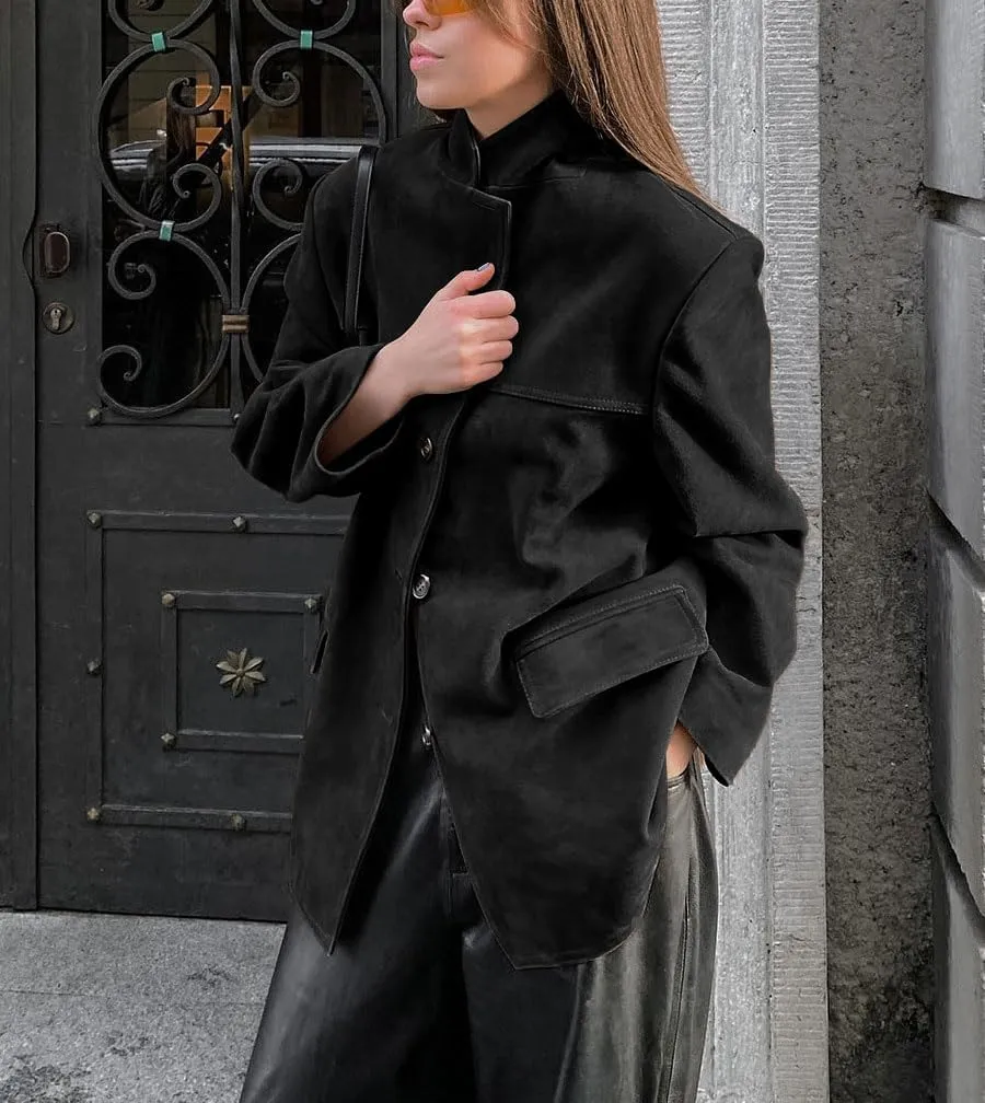 loveimgs Women Retro Brown Faux Suede Jacket Leather Blazer Coat Old Money Aesthetic Fall Jacket Bomber Y2k Oversized