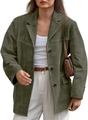 loveimgs Women Retro Brown Faux Suede Jacket Leather Blazer Coat Old Money Aesthetic Fall Jacket Bomber Y2k Oversized
