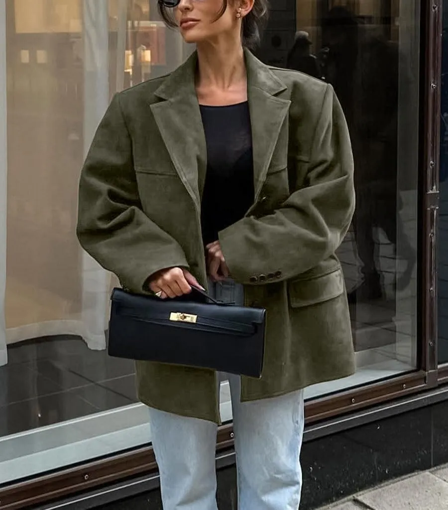 loveimgs Women Retro Brown Faux Suede Jacket Leather Blazer Coat Old Money Aesthetic Fall Jacket Bomber Y2k Oversized
