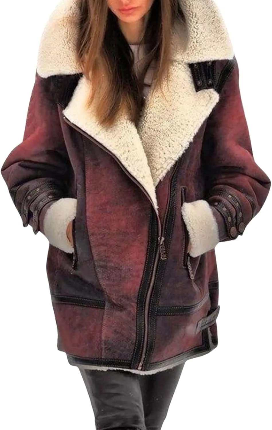 loveimgs Women Winter Long Suede Jacket Sherpa Fleece Oversized Faux Leather Jacket Moto Zip Warm Shearling Coat