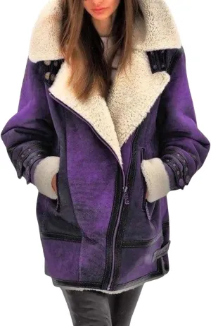 loveimgs Women Winter Long Suede Jacket Sherpa Fleece Oversized Faux Leather Jacket Moto Zip Warm Shearling Coat
