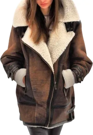 loveimgs Women Winter Long Suede Jacket Sherpa Fleece Oversized Faux Leather Jacket Moto Zip Warm Shearling Coat
