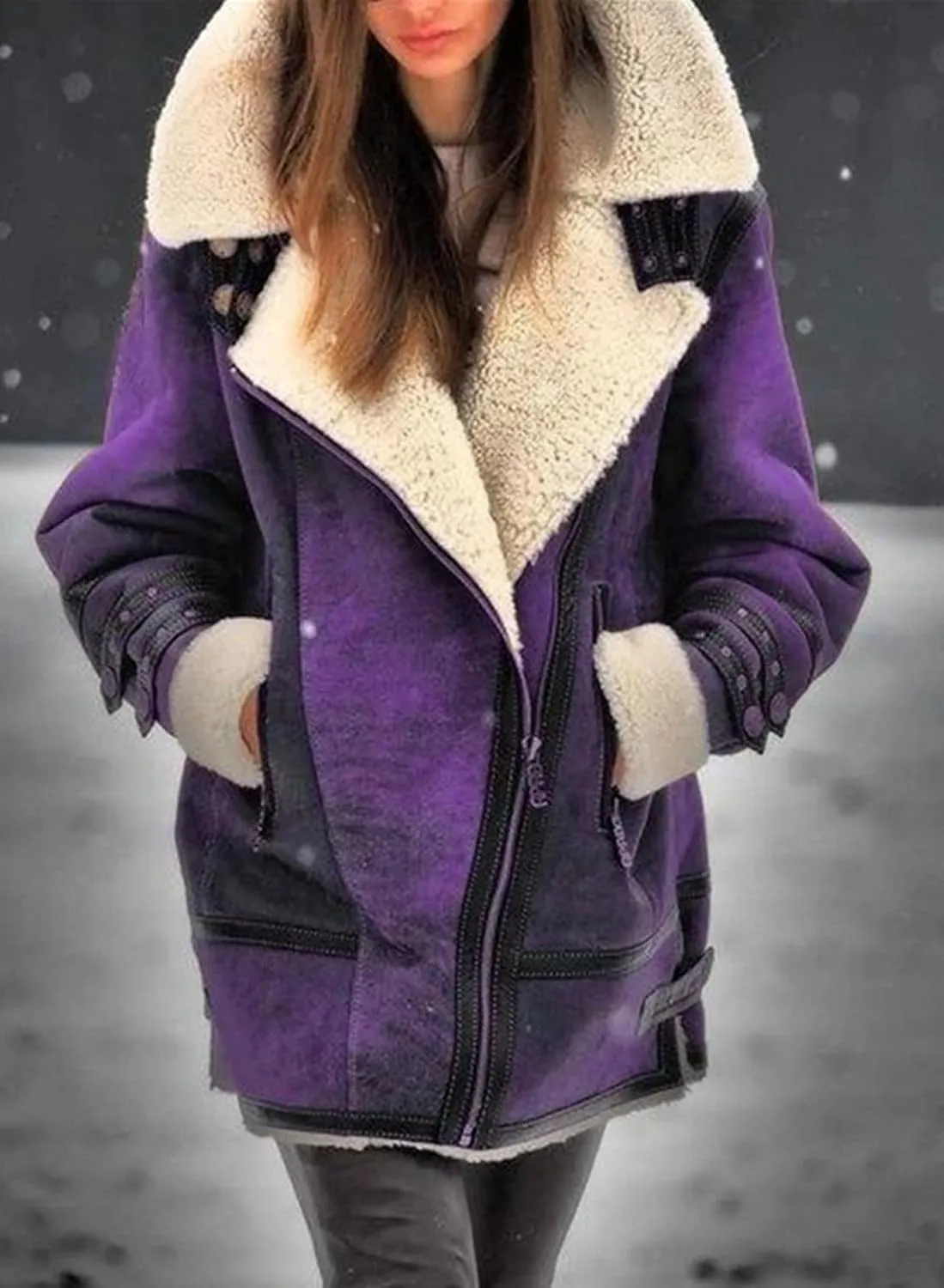 loveimgs Women Winter Long Suede Jacket Sherpa Fleece Oversized Faux Leather Jacket Moto Zip Warm Shearling Coat